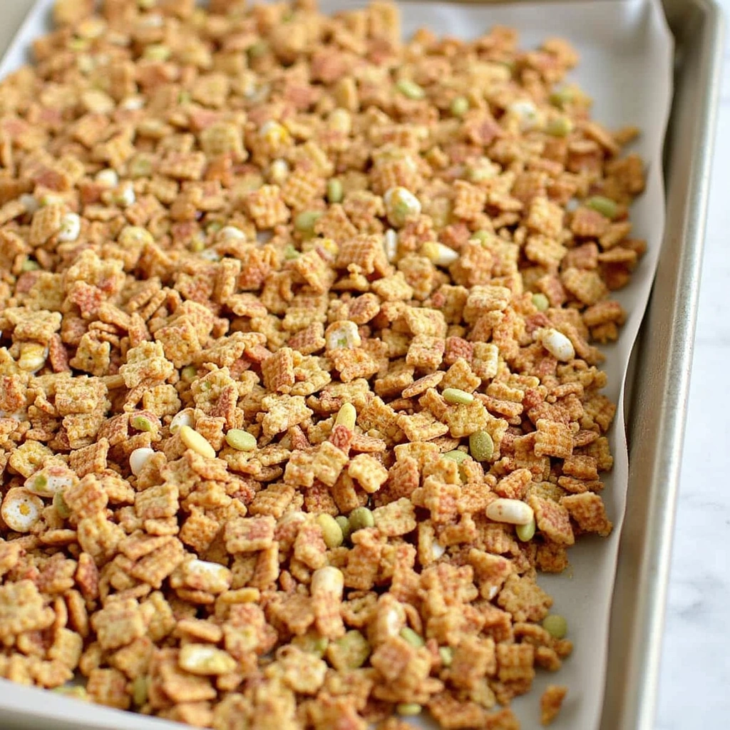 Gluten Free Dairy Free Chex Mix Recipes Crunchy Party Snack Step 5 Spread on Baking Sheet