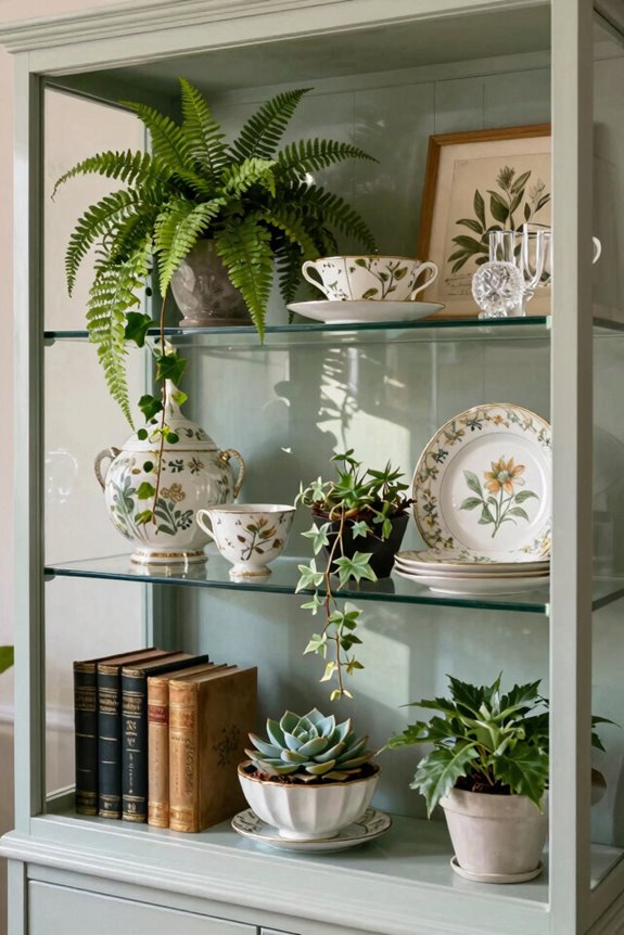 layered cabinet with plants and books