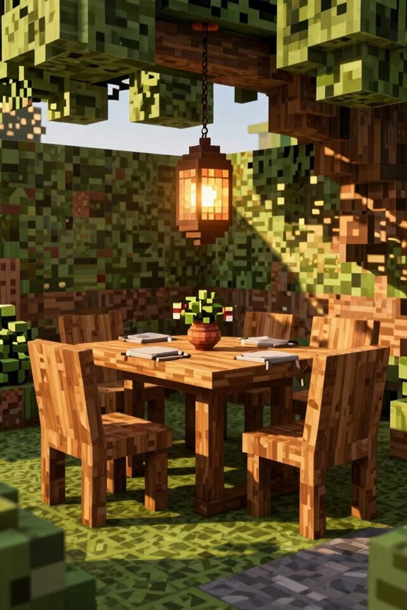 10 Minecraft Dining Room Ideas to Elevate Your Base 3 leaf blocks shape dining lanterns illuminate open sightlines