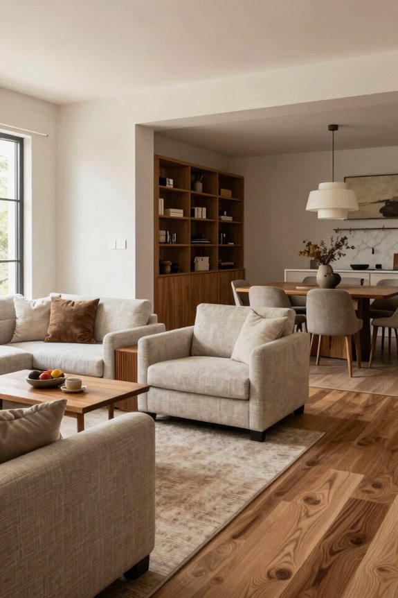 repeat fabrics and wood tones throughout