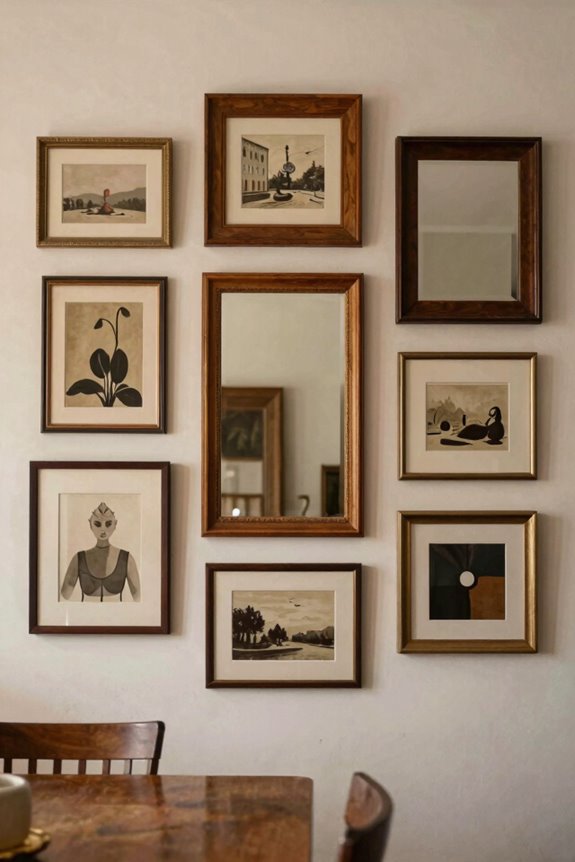 salon style cluster varied frames anchored center