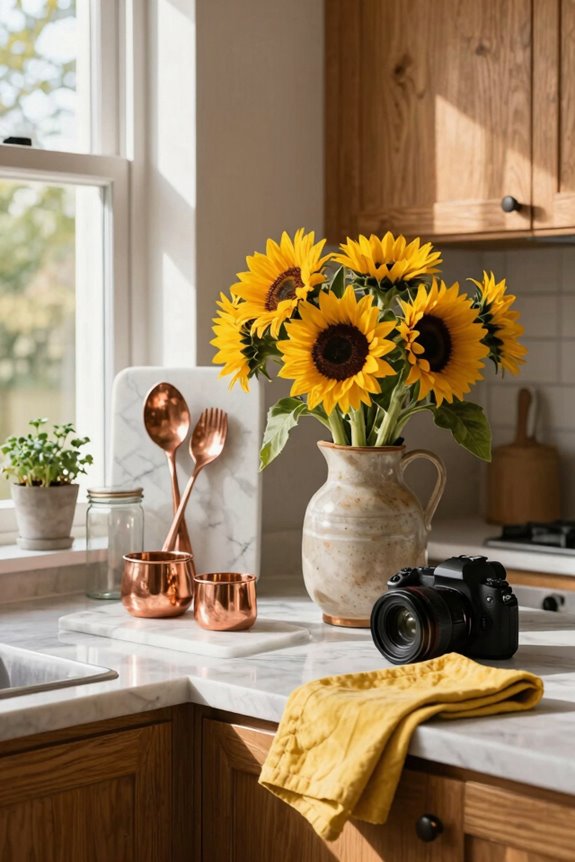 sunflower towels unify functional kitchen