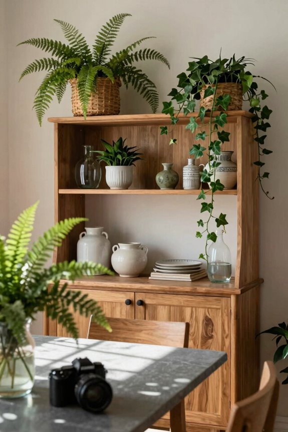 10 Dining Room Hutch Ideas to Elevate Your Space 4 trailing greenery with focal fern centerpiece