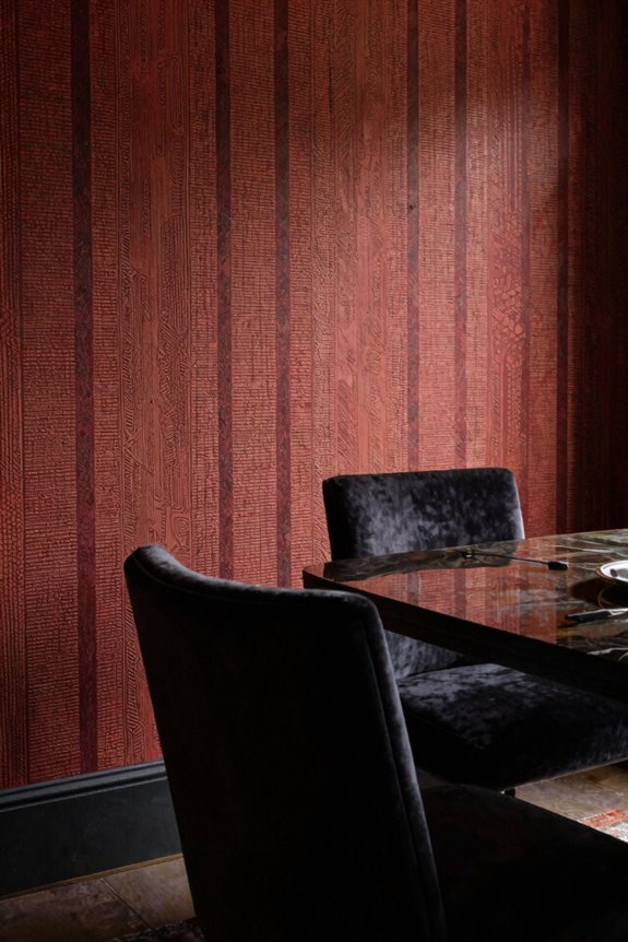 velvet chairs whimsical wallpaper warm tapestry